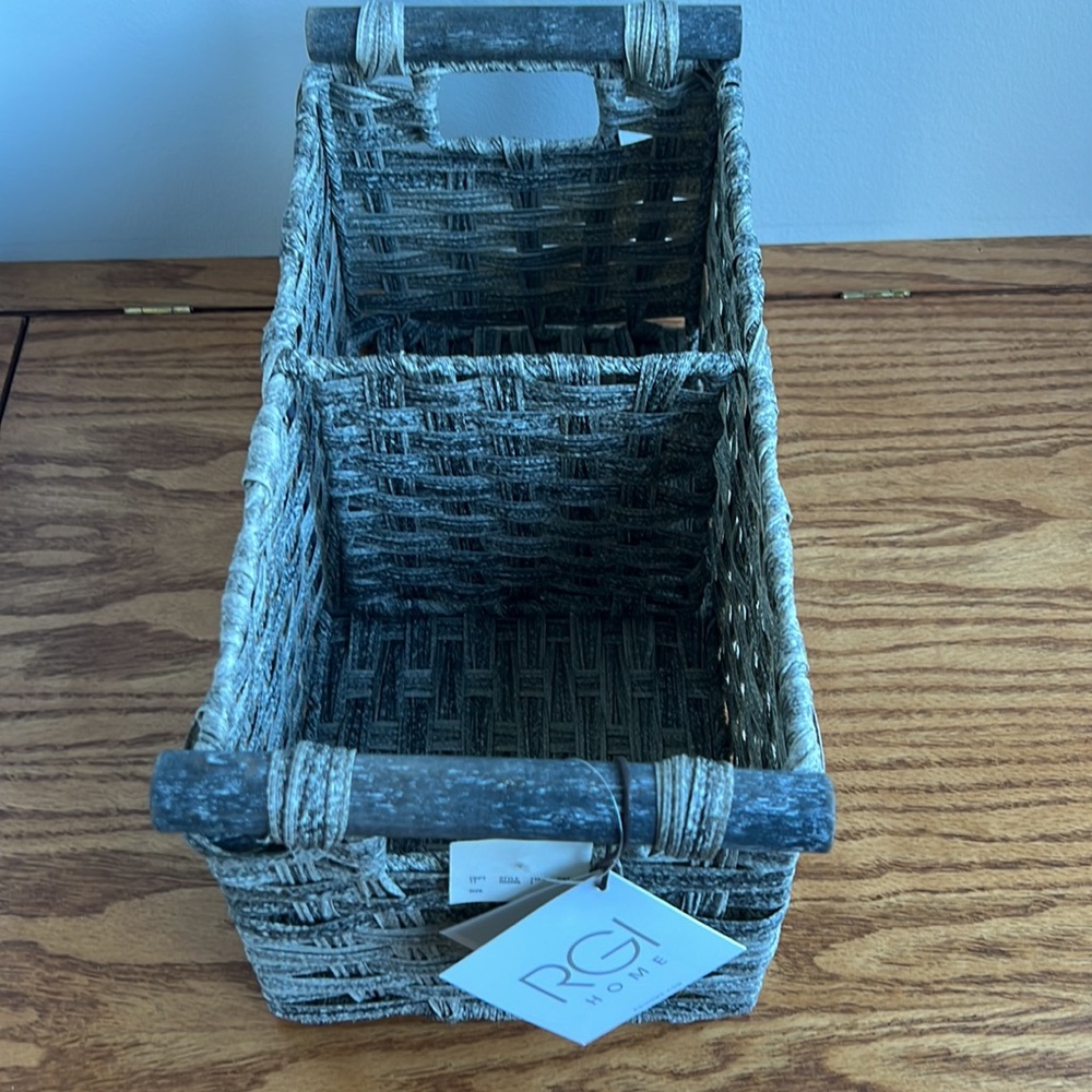 NWT - RGI Home divided basket with wood handles.  Warm grey tones.